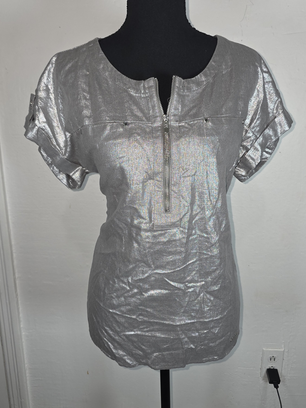 Ellen Tracy Metallic Silver Short-Sleeve Zip Front Top